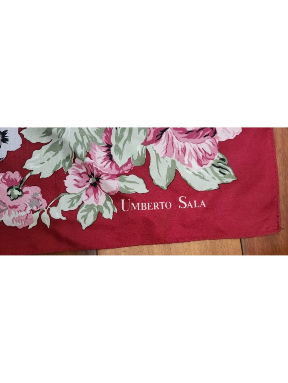 Umberto Sala Vintage Floral Silk Scarf Italy Burgundy Ivory Large Square 31"x30 - Picture 4 of 8